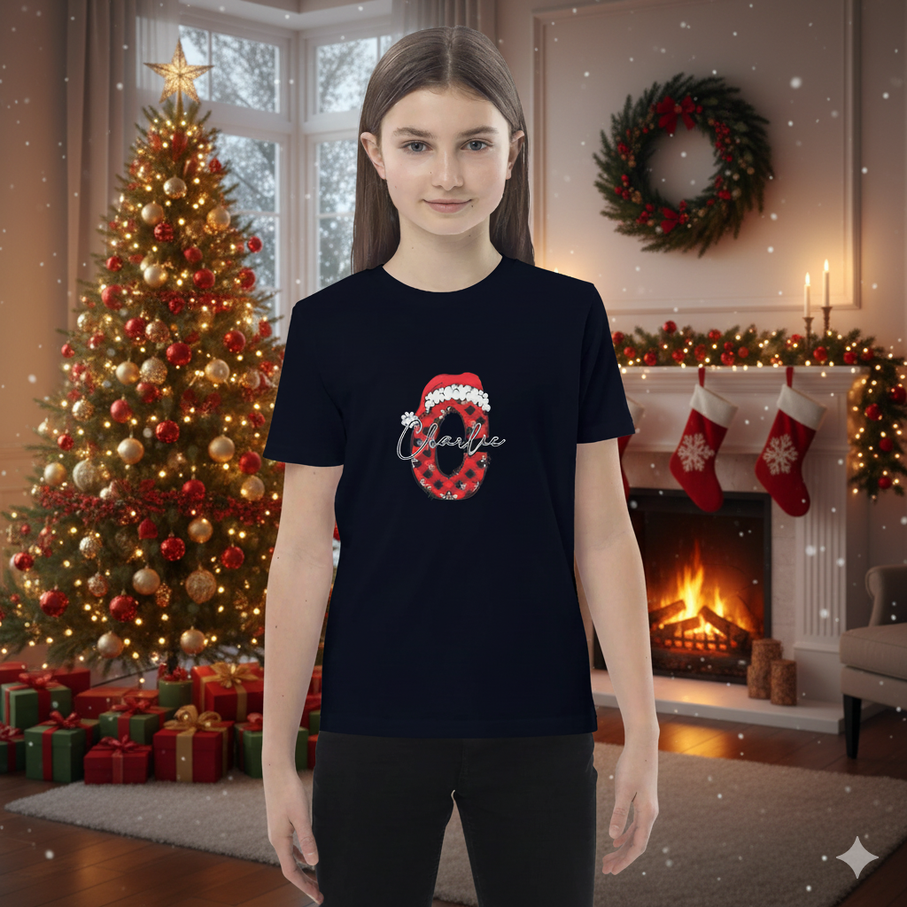 Personalized Christmas Wreath Kids T-Shirt - Organic Cotton Navy Tee