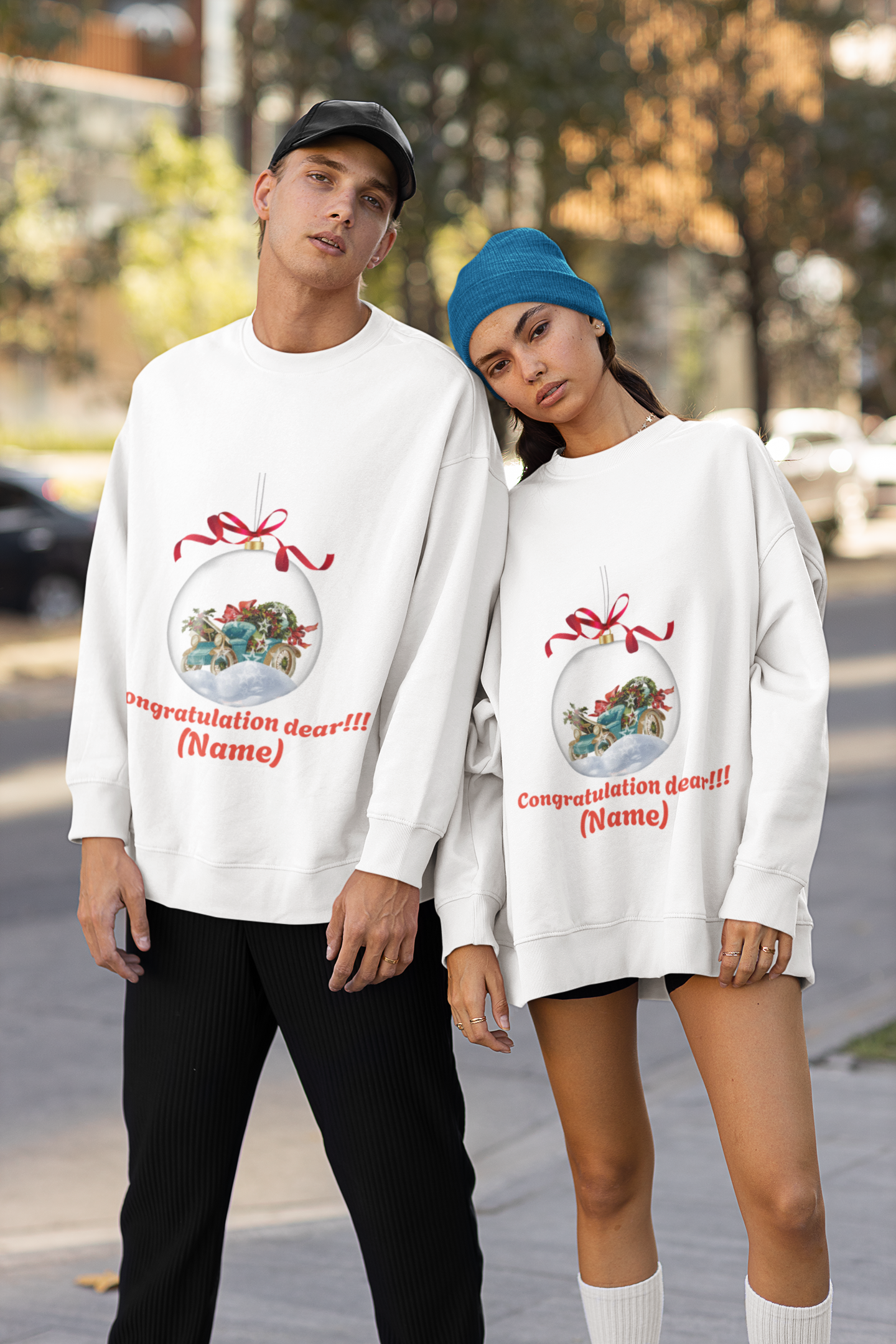 Matching Couple's Christmas Sweatshirts | Personalized Ornament Design | Oversized Holiday Crewneck Set